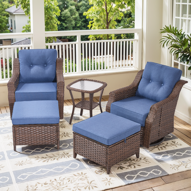 Belord 5-piece outdoor wicker swivel glider patio set with chairs and ottomans from the OVOLO Series, shown with cushions.
