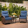 Belord outdoor swivel glider patio chairs with cushioned wicker seats and side table in a luxury 6-inch thick cushion set.