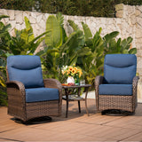Belord outdoor swivel glider patio chairs with cushioned wicker seats and side table in a luxury 6-inch thick cushion set.