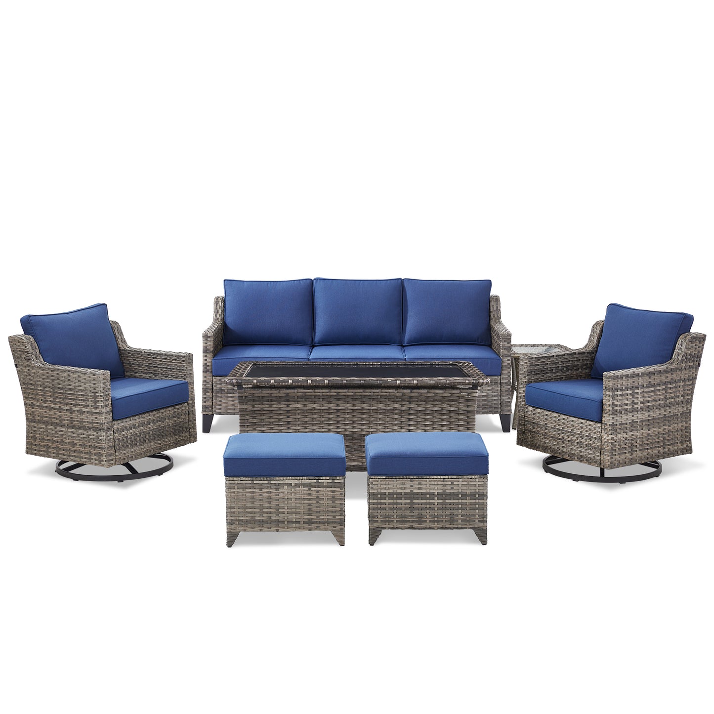 7-Piece Swivel Conversation Group: Sofa, 2 Swivel Chairs, Coffee Table, 2 Ottomans & Side Table, FG Series