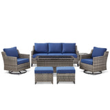 Belord 7-piece patio conversation set with sofa, two swivel chairs, coffee table, and two ottomans, outdoor furniture for seating and relaxation.