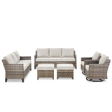 Belord 6-piece outdoor patio conversation set with high-back sectional, wicker swivel rockers, and matching chairs for outdoor relaxation.