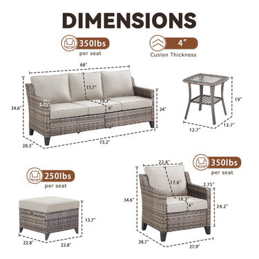 Belord 6-piece wicker patio conversation set with sofa, two chairs, two ottomans, and side table for outdoor relaxation.