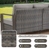 Belord deep-seat wicker patio sofa with a wood grain frame, spacious 3-person outdoor conversation set from HOP Series.
