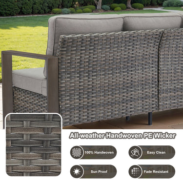 Belord deep-seat wicker patio sofa with a wood grain frame, spacious 3-person outdoor conversation set from HOP Series.