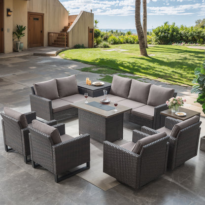 Belord 11-Piece Patio Conversation Set with Fire Pit Table – Outdoor Sectional with Left & Right Corner Sofa, Swivel Chair, Accent Chair, Storage Box & Side Table, GRS Series