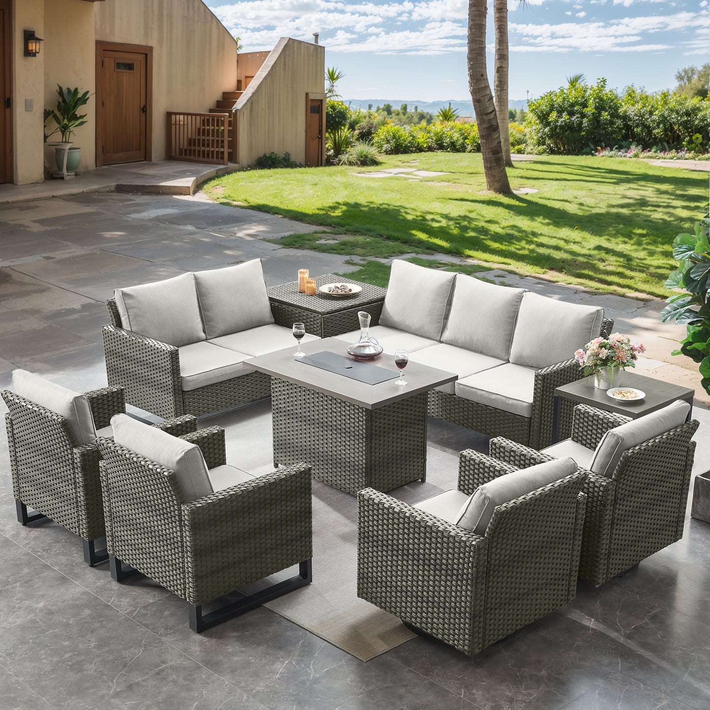 Belord 11-Piece Patio Conversation Set with Fire Pit Table – Outdoor Sectional with Left & Right Corner Sofa, Swivel Chair, Accent Chair, Storage Box & Side Table, GRS Series