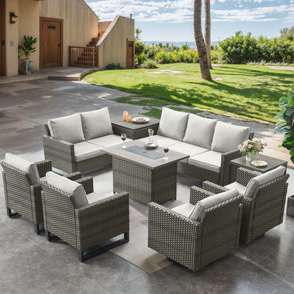 Belord 11-Piece Patio Conversation Set with Fire Pit Table – Outdoor Sectional with Left & Right Corner Sofa, Swivel Chair, Accent Chair, Storage Box & Side Table, GRS Series