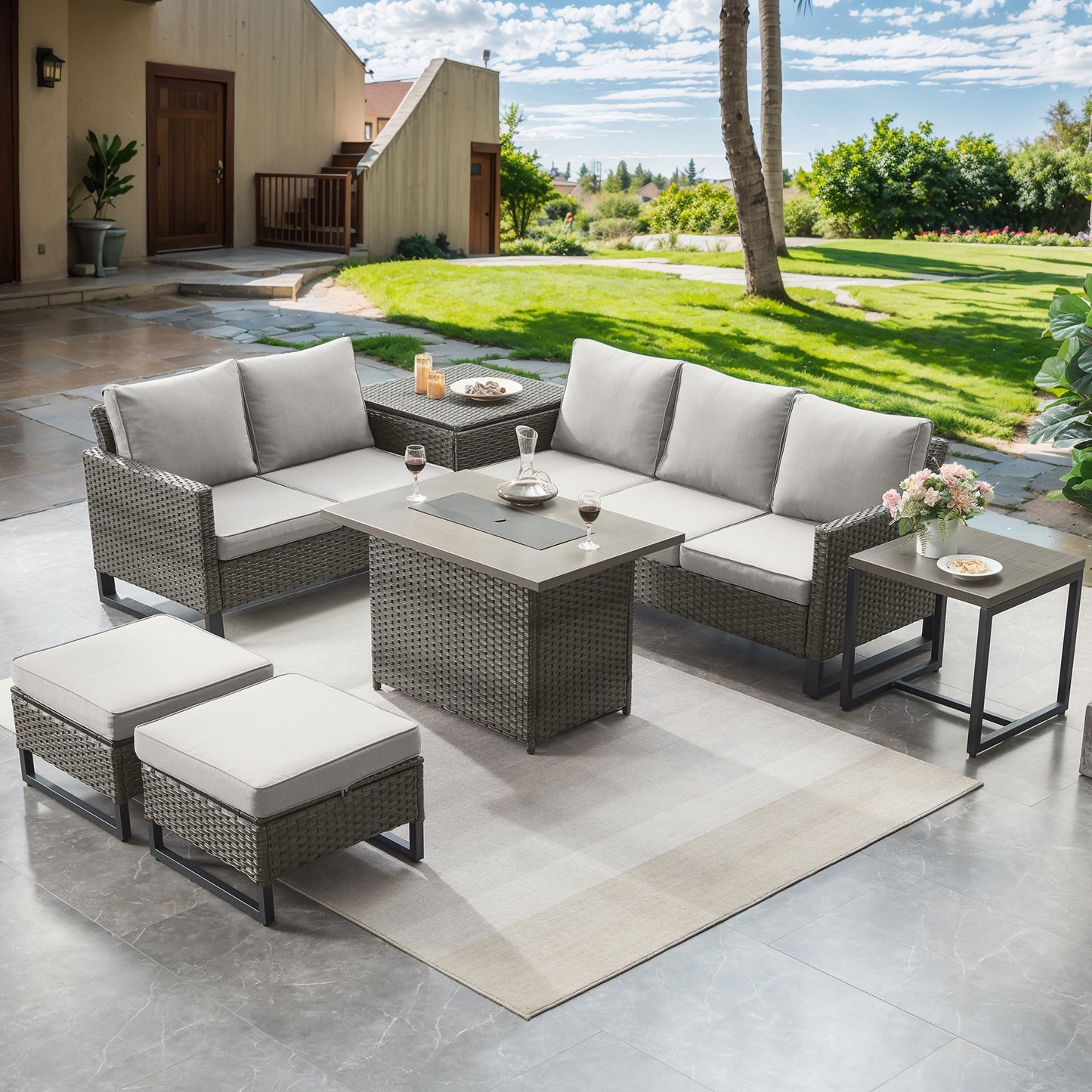 Patio Conversation Set with Fire Pit Table – Outdoor Sectional Set with Storage Box, Ottoman & Side Table, GRS Series