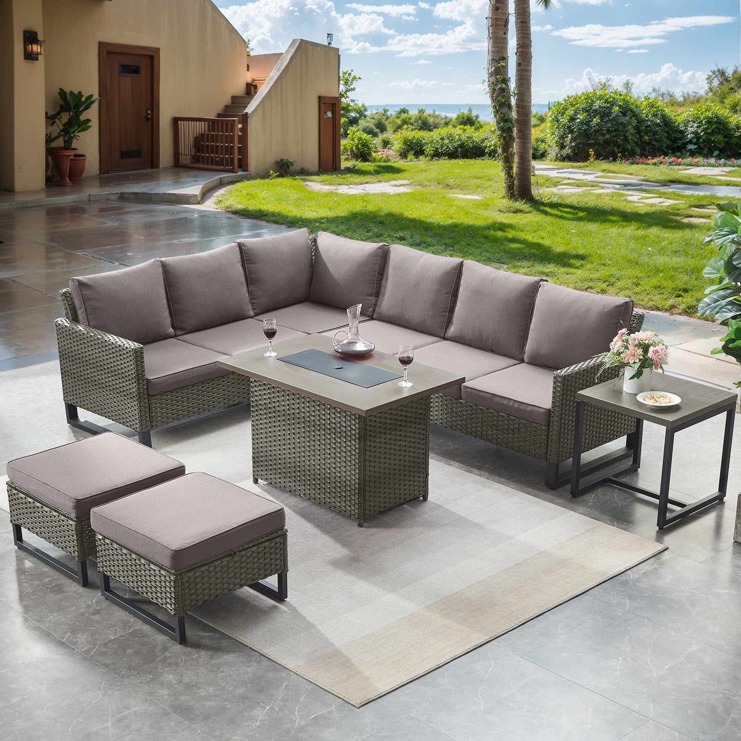 10-Piece Wicker Patio Furniture Set with 41" Fire Pit Table, 55,000 BTU – Outdoor Conversation Set with Corner Sofa, Ottomans & Side Table, GRS Series