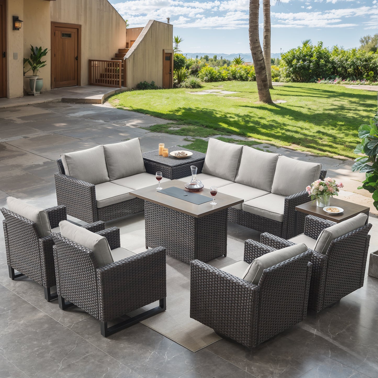 Belord 11-Piece Patio Conversation Set with Fire Pit Table – Outdoor Sectional with Left & Right Corner Sofa, Swivel Chair, Accent Chair, Storage Box & Side Table, GRS Series