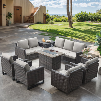 Belord 11-Piece Patio Conversation Set with Fire Pit Table – Outdoor Sectional with Left & Right Corner Sofa, Swivel Chair, Accent Chair, Storage Box & Side Table, GRS Series