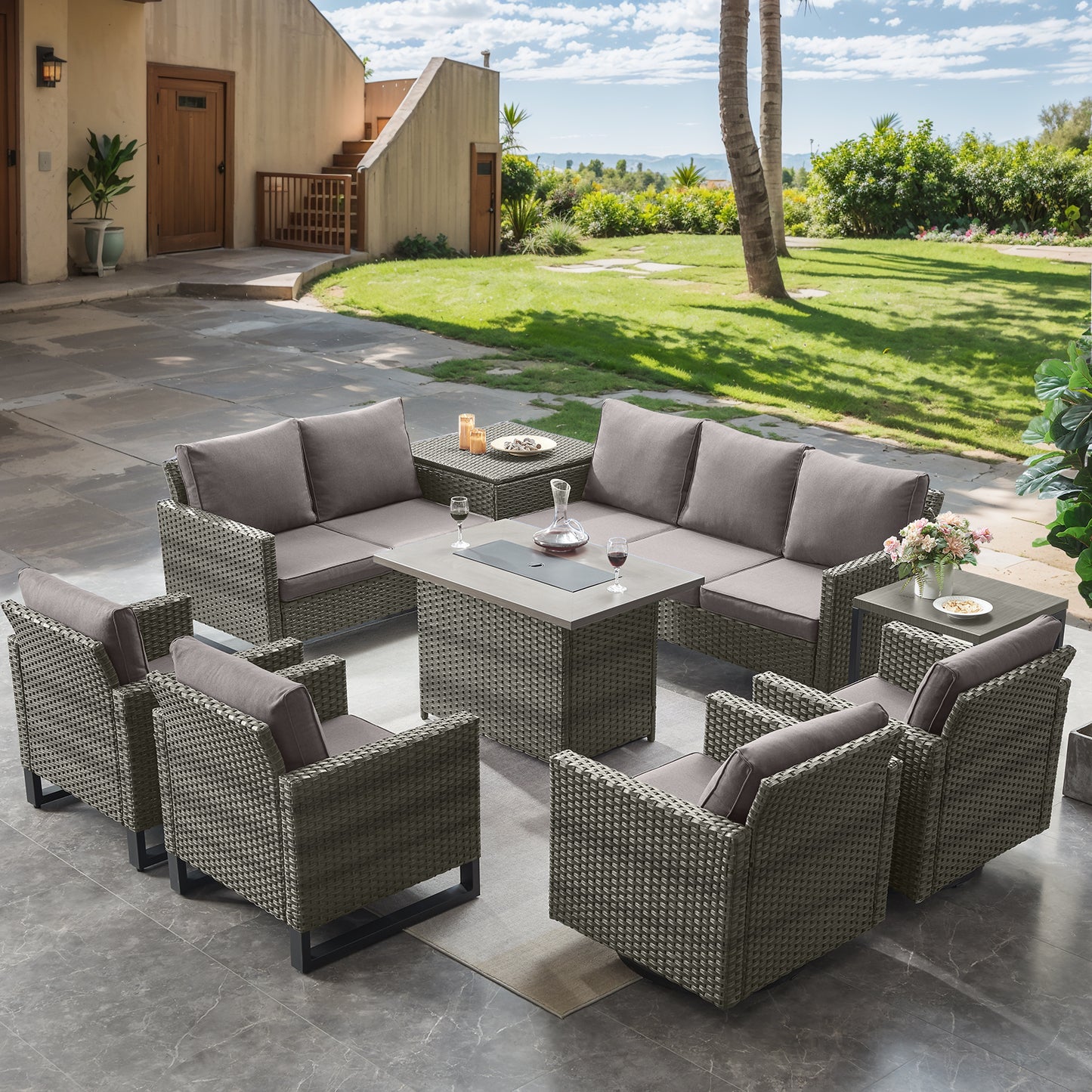 Belord 11-Piece Patio Conversation Set with Fire Pit Table – Outdoor Sectional with Left & Right Corner Sofa, Swivel Chair, Accent Chair, Storage Box & Side Table, GRS Series
