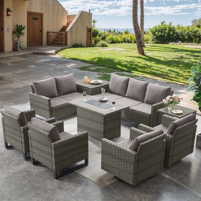 Belord 11-Piece Patio Conversation Set with Fire Pit Table – Outdoor Sectional with Left & Right Corner Sofa, Swivel Chair, Accent Chair, Storage Box & Side Table, GRS Series