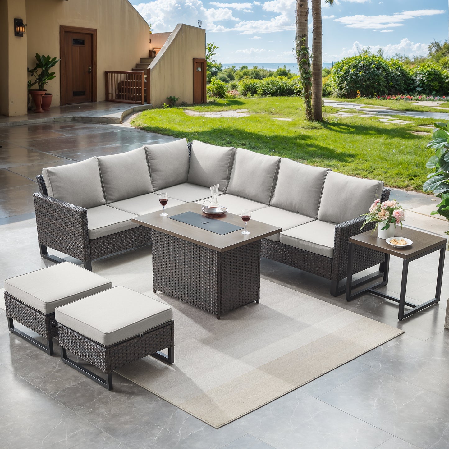 10-Piece Wicker Patio Furniture Set with 41" Fire Pit Table, 55,000 BTU – Outdoor Conversation Set with Corner Sofa, Ottomans & Side Table, GRS Series