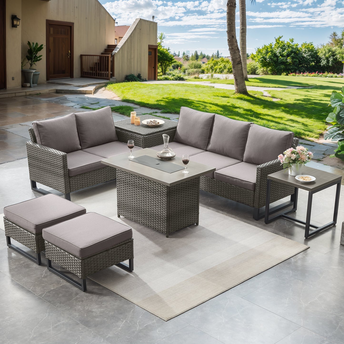 Patio Conversation Set with Fire Pit Table – Outdoor Sectional Set with Storage Box, Ottoman & Side Table, GRS Series