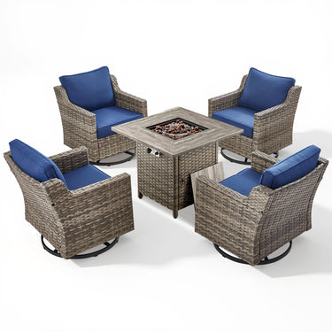 Belord 5-piece patio fire table set with four swivel chairs and a central fire pit table for outdoor entertaining.