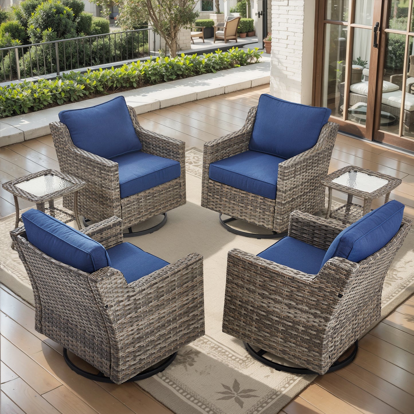 6-Piece Set: Swivel Rocker Chairs (Set of 4) & 2 Side Tables — All-Weather PE Rattan for Patio & Deck, FG Series