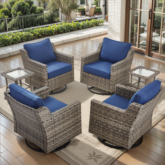 6-Piece Set: Swivel Rocker Chairs (Set of 4) & 2 Side Tables — All-Weather PE Rattan for Patio & Deck, FG Series