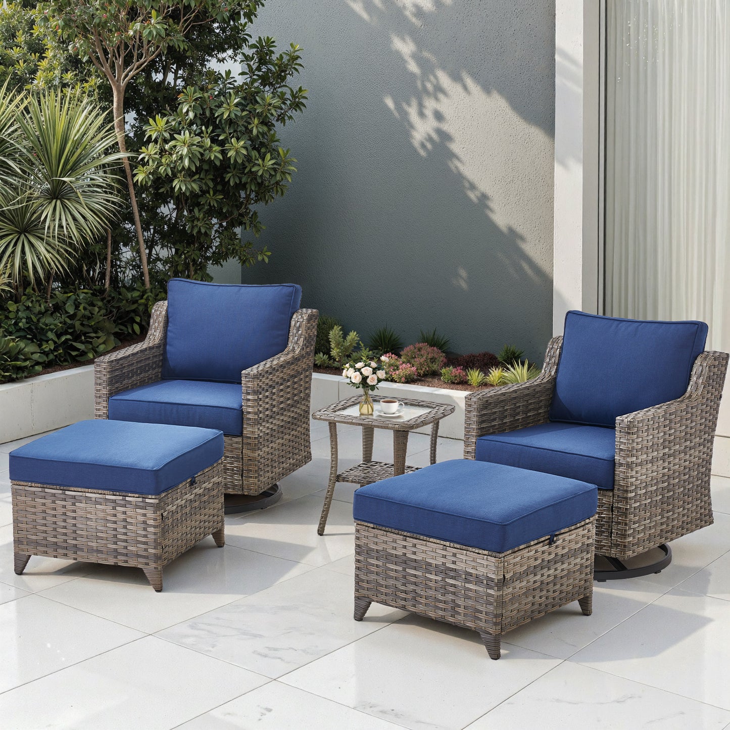 Outdoor Swivel Chair Set (5 Pcs): 2 Glider Chairs, Ottoman Pair & Glass Accent Table, FG Series