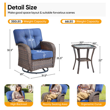 Belord 3-piece outdoor patio swivel T-back chairs with side table from the T Series, perfect for conversation areas.