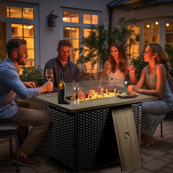 Belord 41-inch rectangular propane fire pit table with wicker and steel design, glass cover, and hidden tank for outdoor patio use.