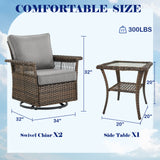 Set of three Belord wicker patio swivel glider chairs with matching side table for outdoor seating and relaxation.