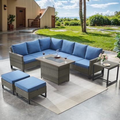 10-Piece Wicker Patio Furniture Set with 41" Fire Pit Table, 55,000 BTU – Outdoor Conversation Set with Corner Sofa, Ottomans & Side Table, GRS Series