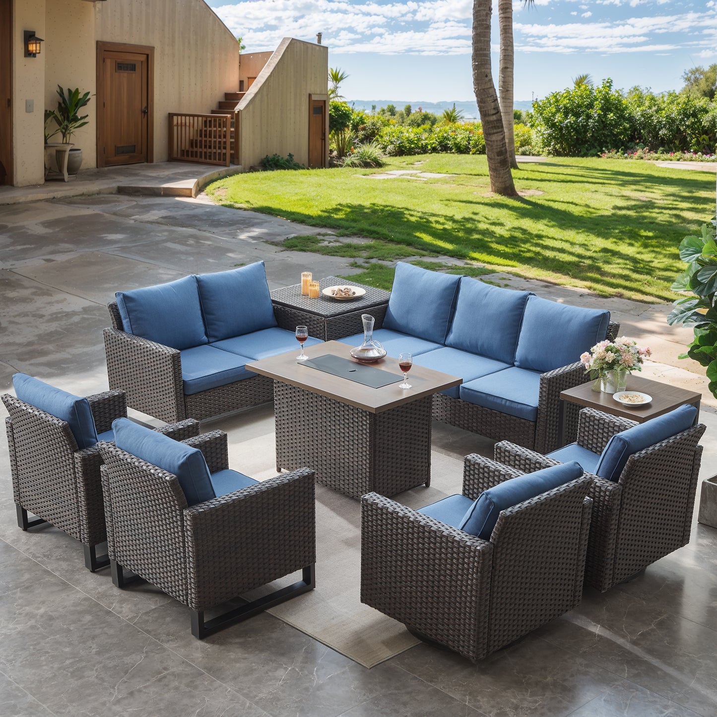 Belord 11-Piece Patio Conversation Set with Fire Pit Table – Outdoor Sectional with Left & Right Corner Sofa, Swivel Chair, Accent Chair, Storage Box & Side Table, GRS Series