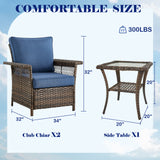 Set of three outdoor wicker patio chairs with side table by Belord, ideal for outdoor seating and relaxation.