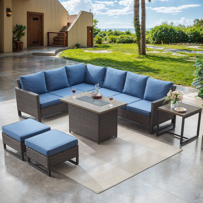10-Piece Wicker Patio Furniture Set with 41" Fire Pit Table, 55,000 BTU – Outdoor Conversation Set with Corner Sofa, Ottomans & Side Table, GRS Series