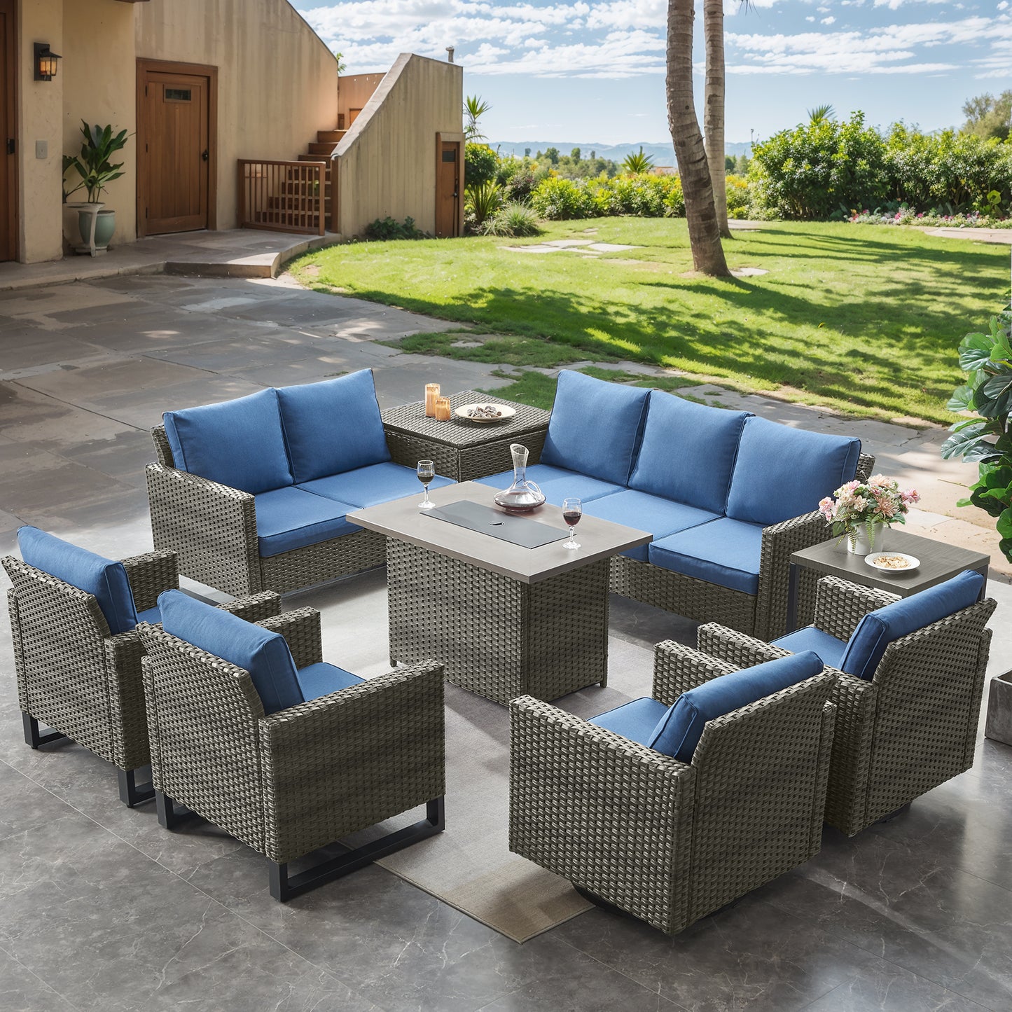 Belord 11-Piece Patio Conversation Set with Fire Pit Table – Outdoor Sectional with Left & Right Corner Sofa, Swivel Chair, Accent Chair, Storage Box & Side Table, GRS Series