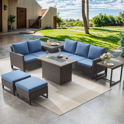 Patio Conversation Set with Fire Pit Table – Outdoor Sectional Set with Storage Box, Ottoman & Side Table, GRS Series