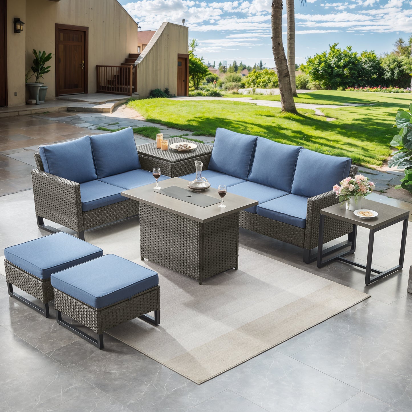 Patio Conversation Set with Fire Pit Table – Outdoor Sectional Set with Storage Box, Ottoman & Side Table, GRS Series