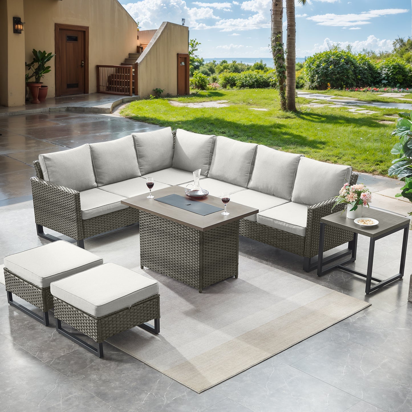 10-Piece Wicker Patio Furniture Set with 41" Fire Pit Table, 55,000 BTU – Outdoor Conversation Set with Corner Sofa, Ottomans & Side Table, GRS Series