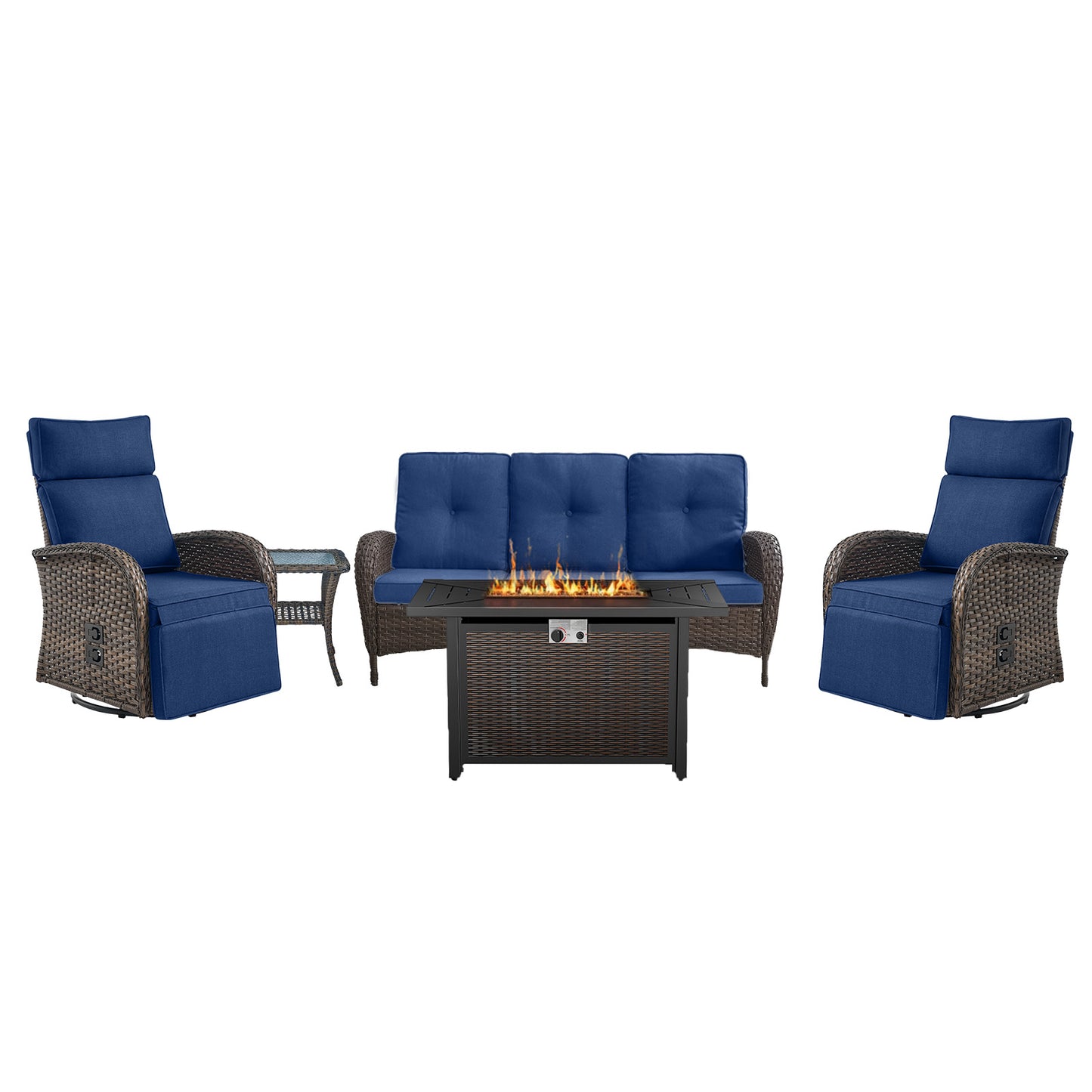NDS Series 5-Piece Premium Outdoor Set: 2 Swivel Recliners + 1 Sofa & 43" Propane Fire Table with Side Table