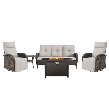 NDS Series 5-Piece Premium Outdoor Set: 2 Swivel Recliners + 1 Sofa & 43 Inch Propane Fire Table with Side Table - Belord