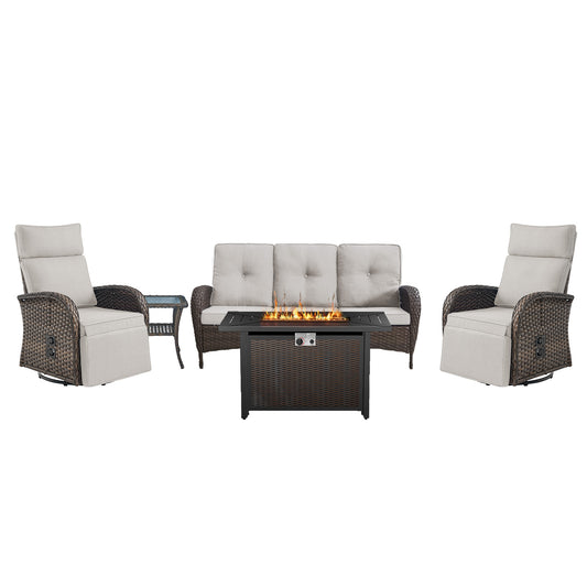 NDS Series 5-Piece Premium Outdoor Set: 2 Swivel Recliners + 1 Sofa & 43" Propane Fire Table with Side Table