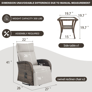 Luxury 3-Piece Adjustable Swivel Set - 360° Rotating PE Wicker Recliners with Side Tables, NDS Series - Belord