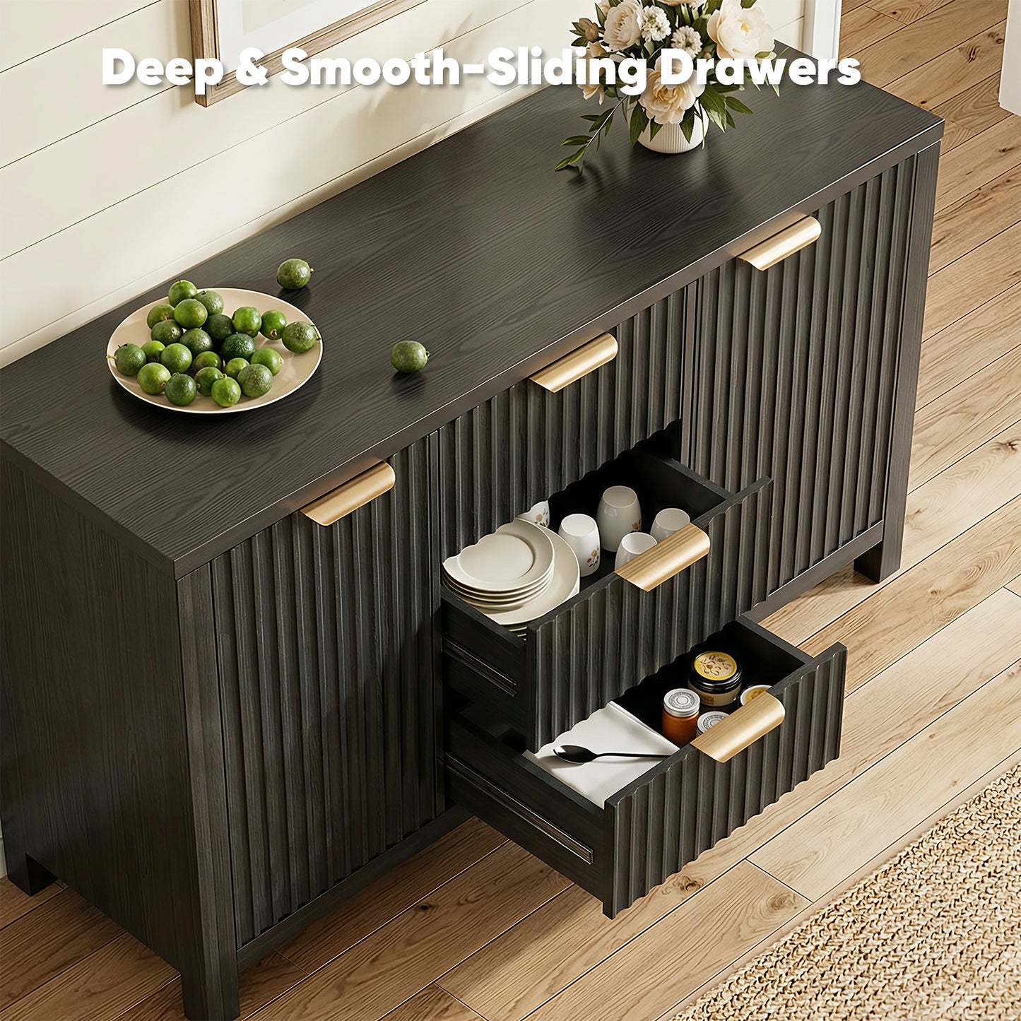 Save 50% - Fluted Sideboard Buffet Cabinet with Storage, 2 Doors & 3 Drawers, Adjustable Shelf Accent Credenza for Living Room or Entryway