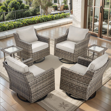 Belord 6-piece patio conversation set with four swivel rocker chairs and two all-weather PE rattan side tables for outdoor use.