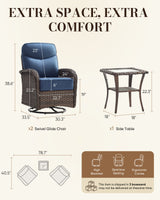 Belord outdoor swivel glider patio chairs with thick cushions and side table in wicker set, ideal for comfortable outdoor conversations.