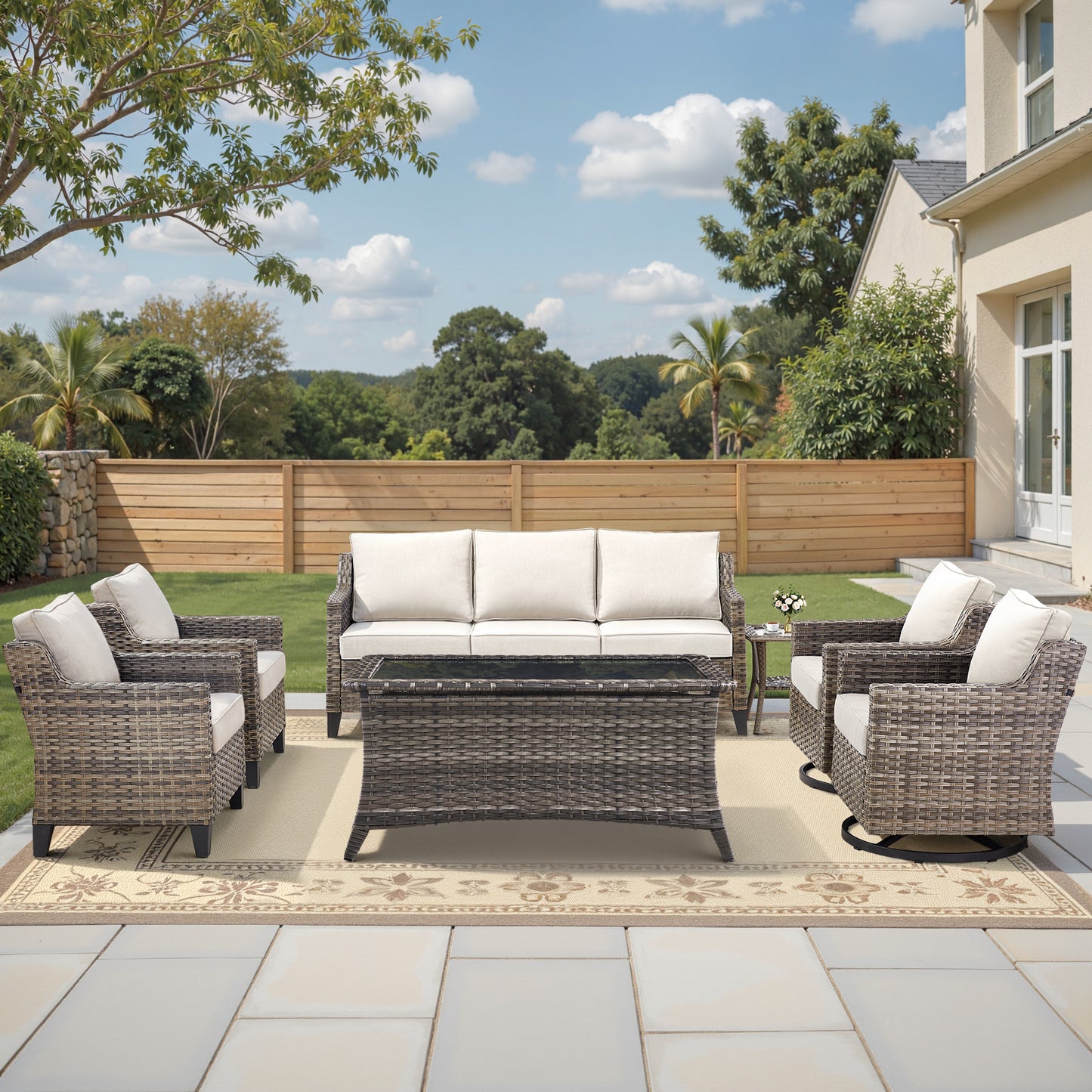 7-Piece Wicker Set: Sofa, 2 Patio Chairs, 2 Swivel Chairs with Coffee Table & Side Table, FG Series