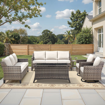 Belord 6-piece outdoor patio furniture set with wicker sofas, swivel chairs, coffee and side tables for outdoor conversation.