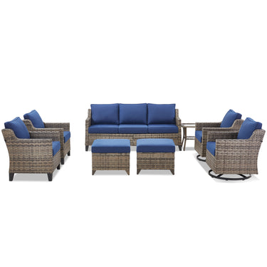 Belord 8-piece modular patio conversation set with sofa, swivel chairs, ottomans, and side table for outdoor lounging.