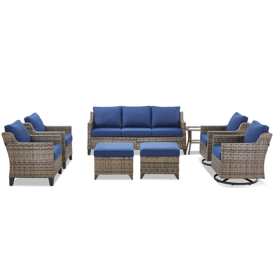 8-Piece Modular Social Set — All-Weather Sectional Sofa with Wicker Swivel Rocker Chairs, FG Series