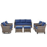 Belord 7-piece patio conversation set with wicker swivel chairs, sofas, and ottomans for outdoor lounging and entertaining.