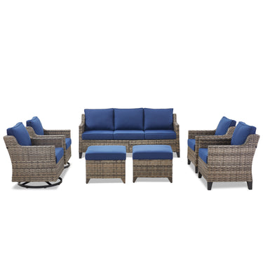 Belord 7-piece patio conversation set with wicker swivel chairs, sofas, and ottomans for outdoor lounging and entertaining.