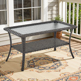 Belord outdoor wicker coffee table with glass top and storage shelf, part of the NTC series patio conversation sets.