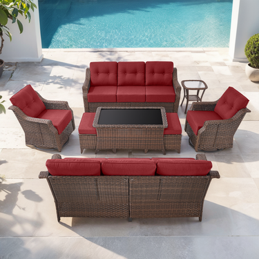 Belord 8-piece wicker swivel glider chairs and sofa patio set from the OVOLO series, featuring woven wicker design and outdoor cushions.